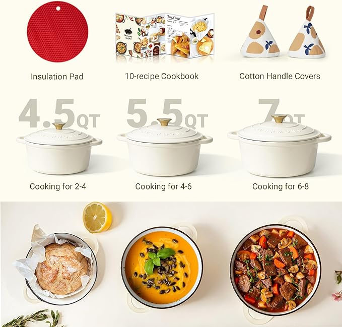 Overmont Enameled Cast Iron Dutch Oven - 4.5QT Pot with Lid Cookbook & Cotton Potholders - Heavy-Duty Cookware for Braising, Stews, Roasting, Bread Baking Cream White