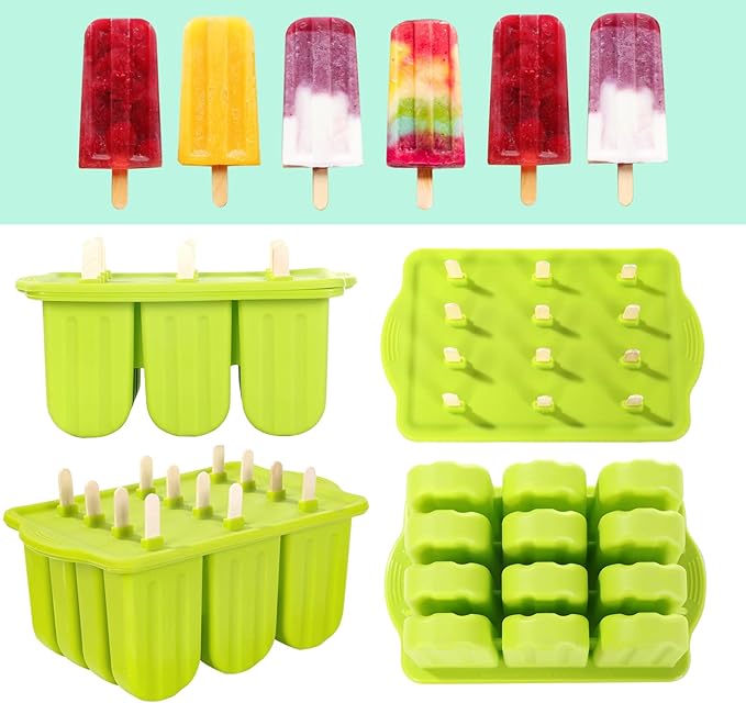 Popsicles Molds Set, 12 Cavity Homemade Maker Ice Pop Mold, Silicone Freezer Molds with 50 Popsicle Sticks 50 Popsicle Bags 50 Ties Funnel Recipes and Cleaning Brush