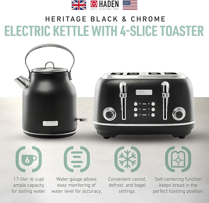 Haden Heritage 4 Slice Wide Slot Stainless Steel Toaster Bundled with 1.7 Liter Stainless Steel Electric Water Kettle, Black & Chrome