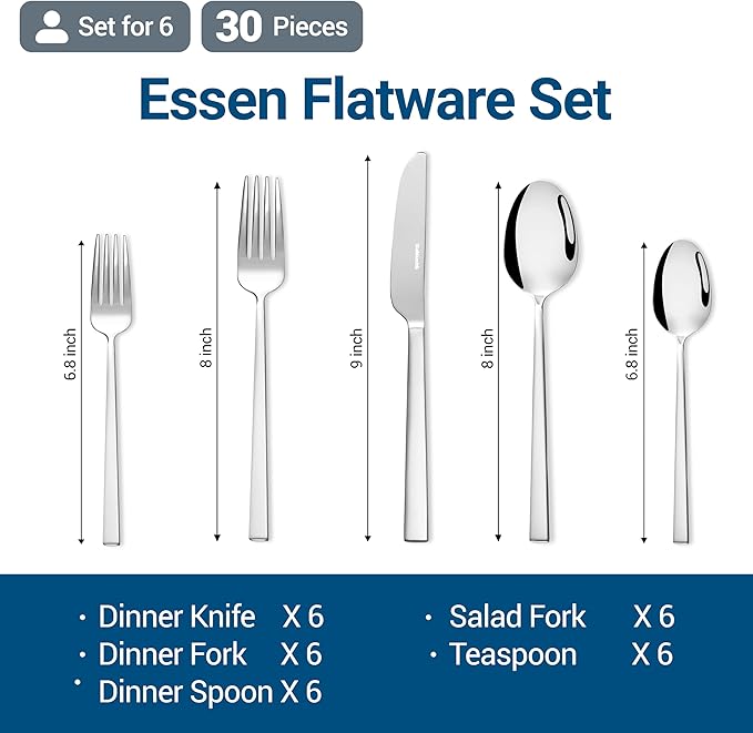 Essen Flatware Set for 6, 30-Piece Silverware Set, Premium 18/10 Stainless Steel Utensils with Mirror Finish, Modern Silverware for Daily Use, Hosting, or Housewarming Gifts