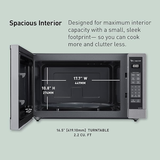 Panasonic NN-SD78LS 1.6 cu.ft Cyclonic Inverter Countertop Microwave Oven 1250Watt Power with Genius Sensor Cooking, cft, 19.44"D x 21.88"W x 11.94"H,Stainless Steel