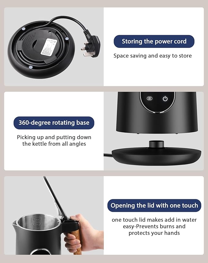 Electric Kettle 1500W Rapid Boil, 1.7L (1.8 Qt) 304 Stainless Steel, BPA-Free | 4 Temperature Presets for Baby Milk, Coffee, Tea | 2-Hour Keep Warm, Cool Touch Exterior