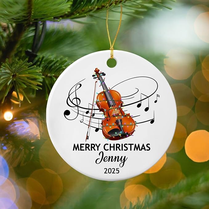 Personalized Violin Player Ceramic Decor Ornament, Customized Text Year Name Violinist Christmas Ornaments Gift for Friends Husband Wife Grandkids, Violin Instrument Lover Ceramic Xmas Tree Ornament