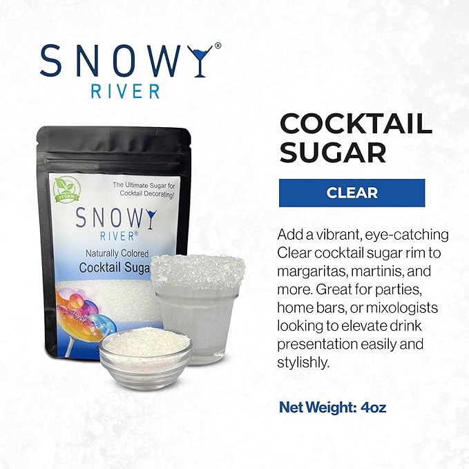 Snowy River Clear, Cocktail & Margarita Sugar Rimmer - Vibrant Color Glass Rimming Sugar with Medium Crystal Texture - 4oz