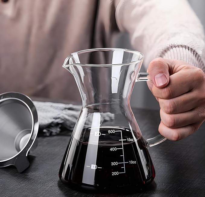 Pour Over Coffee Maker with Reusable Stainless Steel Drip Filter, Glass Drip Coffee Maker Set, Lead-Free Borosilicate Glass Coffee Carafe for 1-4Cup, Clear (500ml/17oz)