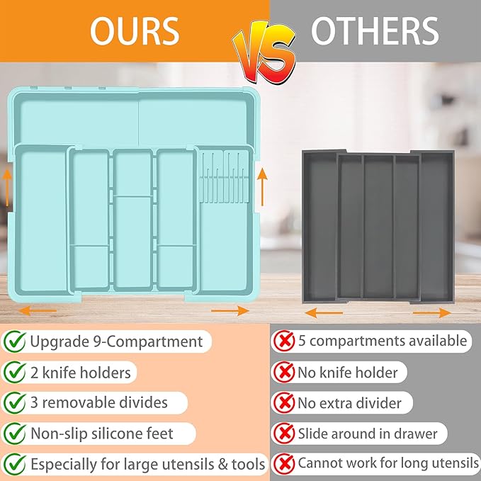 Homecor Utensil Drawer Organizer for Kitchen, Expandable Silverware Organizer Cooking Utensils Tray, Large Cutlery and Flatware Holder, Kitchen Tools & Gadgets Storage (Turquoise)