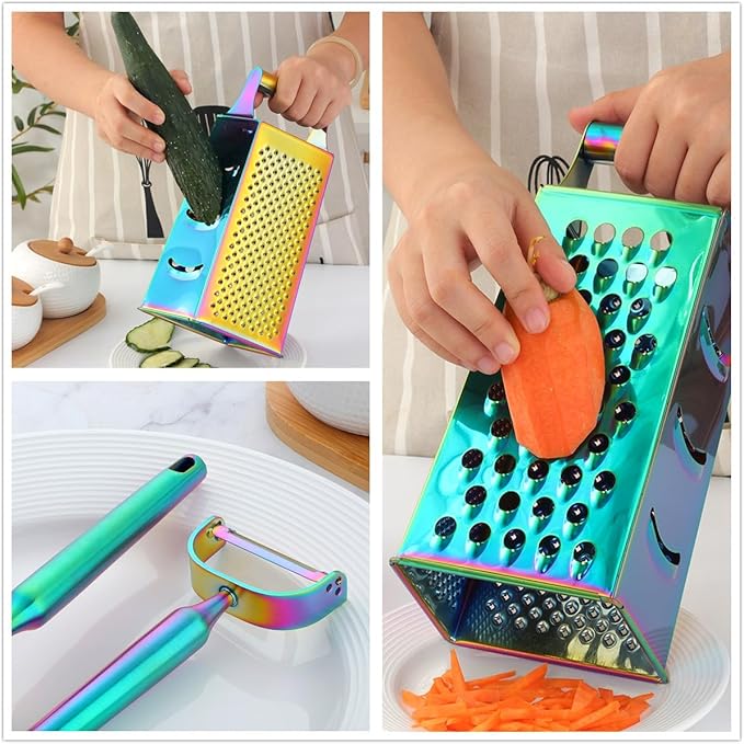 4 Sides Box Grater For Kitchen,Stainless Steel Cheese Grater With Handle,Multi-Function Vegetable Slicer Food Shredder For Chees,Ginger,Vegetables,Rainbow