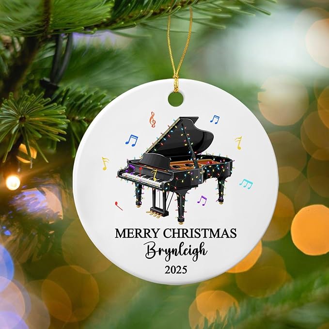 Personalized Piano Musical Ceramic Christmas Ornament, Customized Text Year Name Piano Player Ornaments Gift for Pianist Dad Mom Daughter Son Kid, Unique Pianos Instrument Ceramic Xmas Tree Ornament