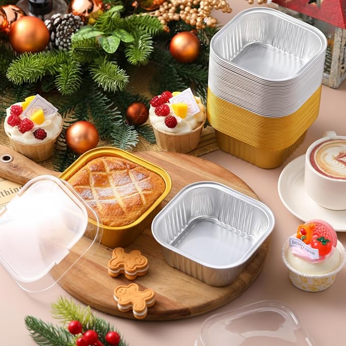 Aoriher 150 Pieces 10 oz Mini Cake Pans with Lids Aluminum Foil Baking Cups Square Disposable 4 x 4" Large Cupcake Cups Baking Tins for Kitchen Brownie Pudding Desserts Holder (All Golden,All Silver)