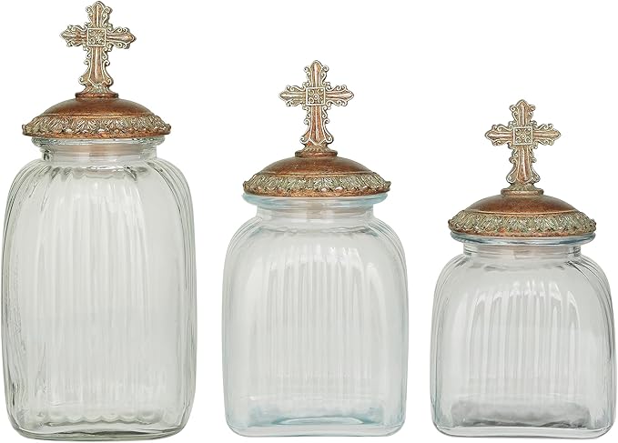 Deco 79 Glass Round Decorative Jars, Set of 3 15", 13", 11" H, Clear