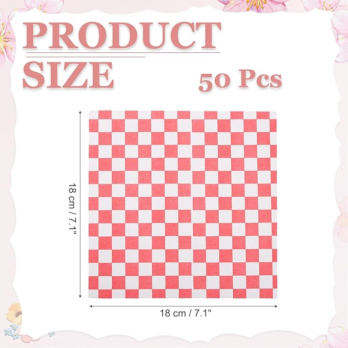 PATIKIL 7.1" x 7.1" Waxed Paper Sheets, 50Pcs Square Pattern Oil-absorbing Dry Food Wrapping Paper for Bakery Coffee Shop Home Baking Kitchen DIY, Red
