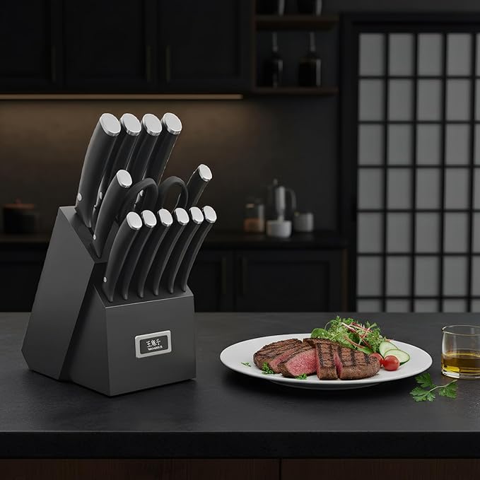 Newly Updated Chef Knife Set Sharp Blade Rivet Ergonomic Handle Knife Block Set Hundreds of Years of Masterful Craftmanship(Black,15PCS)