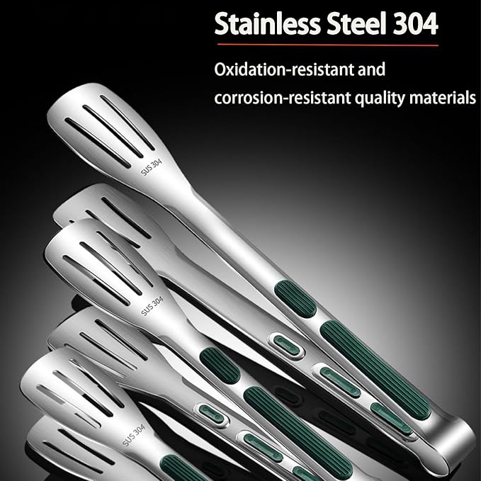 Stainless Steel Kitchen Tong Set - Anti-Slip Heat-Resistant Grip, Widened 3-Line Slotted Heads for Easy Clamping (Steaks, BBQ, Pasta, Salads), Easy Clean for Versatile Use Set of 3-6" 9" 11", Green