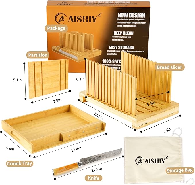 AISHIY 2025 Updated Bread Slicer - Adjustable Thickness and Width, Plug-in Slicing Guide Design, Cutting Board with Crumb Tray, Ideal for Homemade Bread, Cakes, Bagels, and More