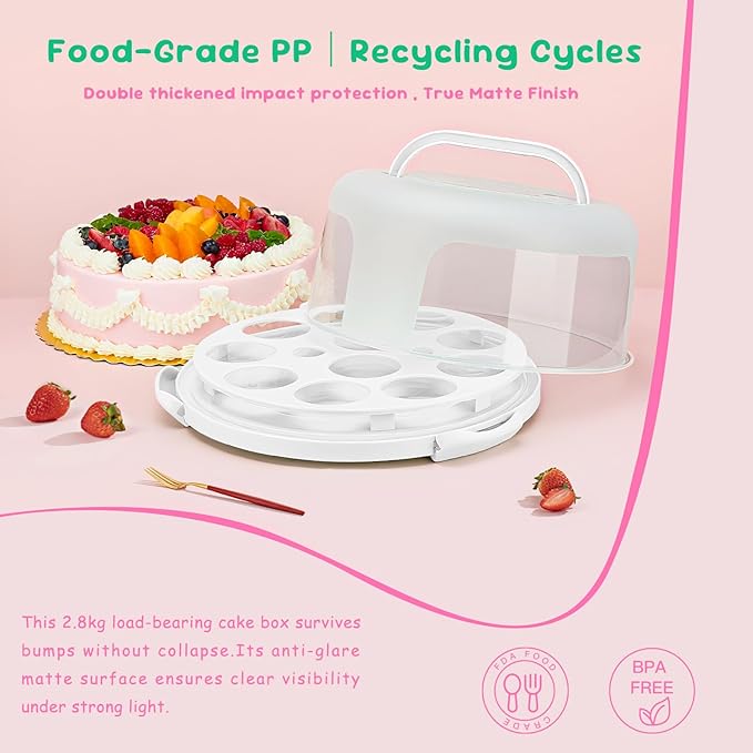 Cake Carrier With Lid And Handle, Bpa-Free Cake Holder With Lid For 10 Inch Round Cake Carrier With 10 pcs Round Golden Cake Boards And Portable Insulated Bag（White）