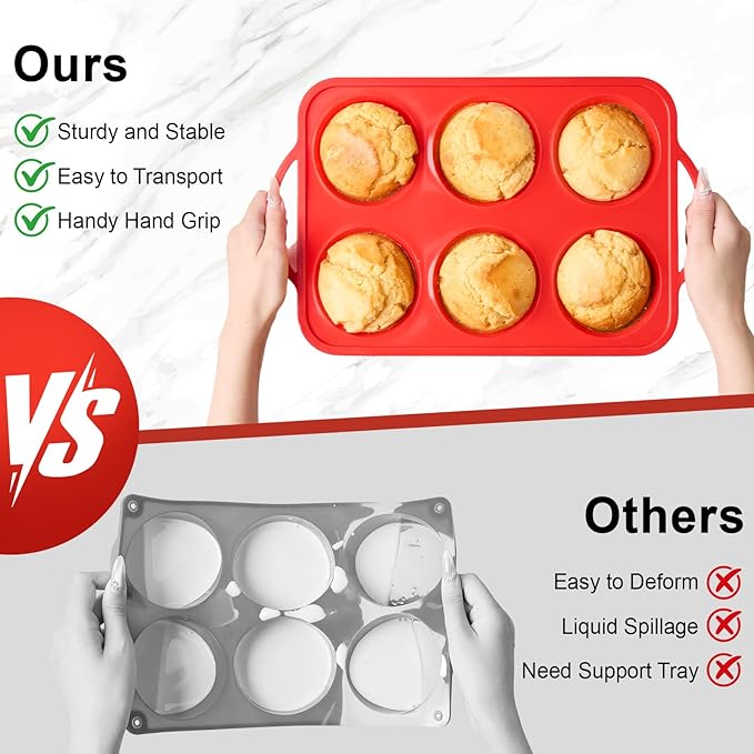 Jumbo Muffin Pan with Metal Frame, 6 Cup Large Cupcake Mold with Handles, Silicone Egg Bite Baking Tray, BPA Free & Non-Stick