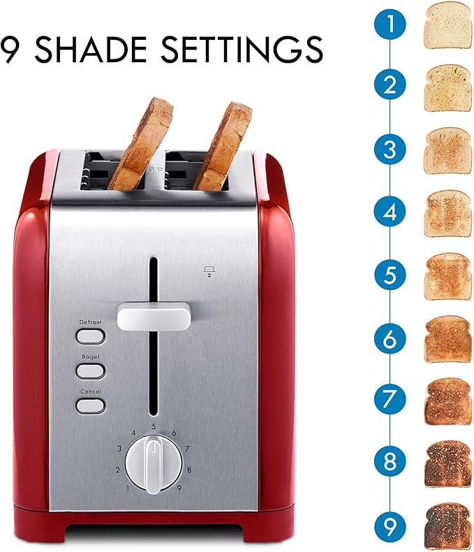 Kenmore toaster 2 slice - extra wide slot countertop kitchen appliance, defrost function, tostador de pan, compact design, easy clean crumb tray, bread bagel, 9 shade settings, stainless steel & Red