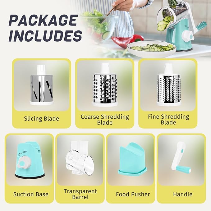 X Home Rotary Cheese Grater for Kitchen, Shredder with 3 Interchangeable Blades, Rotary Grater with Handle and Strong Suction Base, for Vegetables, Fruit, Nuts, Easy to Use and Clean, Blue
