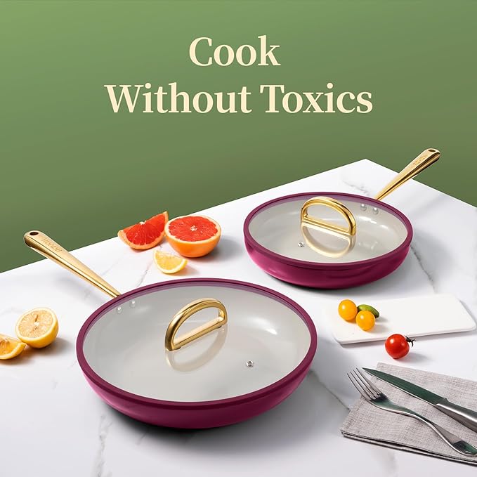 ROYDX Titanium Ceramic Nonstick Fry Pan Set 8", 10" and 12" Frying Pan Skillet Set with Glass Lids-Non Toxic, PTFE & PFOA Free - Oven Dishwasher Safe & Compatible with All Stovetops-Dark Purple