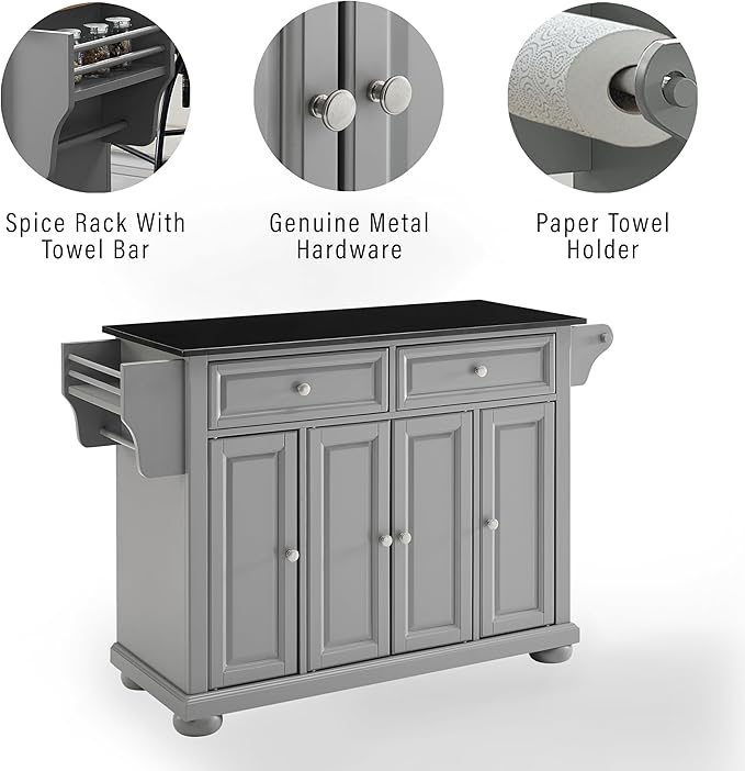 Crosley Furniture Alexandria Granite Top Rolling Kitchen Island Storage Cart, Microwave Stand, Spice Rack, Gray