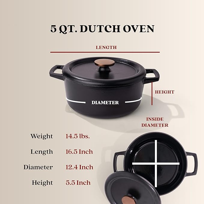 Alva Nori 5-Qt Enameled Cast Iron Round Dutch Oven – Made With No PTFE/PFOA/PFAS, Oven & Induction Safe – 3-Layer Enamel, No Seasoning Needed – Durable, Easy-Clean Cookware for Healthy Cooking, Black