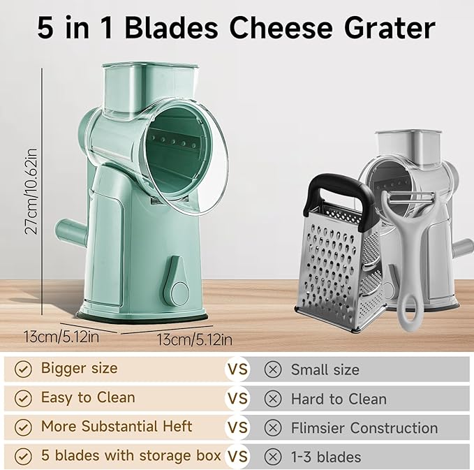 Rotary Cheese Grater Hand Crank, 5 in 1 Mandoline Vegetable Slicer - 5 Sets of Blades,Strong Suction Base&Easy to Clean - Kitchen Cheese Grater Shredder with Handle for Fruit,Vegetable,Nuts