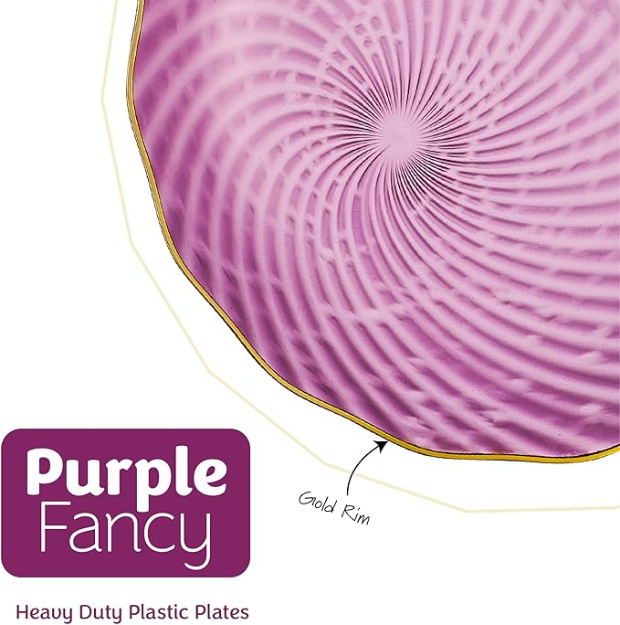 PLASTICPRO 30 Pack Plastic Set of 15-10 inch Plates and 15-7 inch Dishes Elegant Clear Purple Spiral and Gold Rim Disposable Fancy Plates Premium Heavyweight