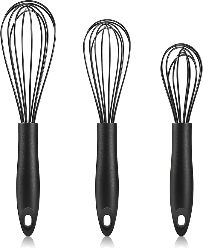 Silicone Whisk,Heat Resistant Non Scratch Whisks Set of 3,Stainless Steel & Silicone Wisk for Cooking,Kitchen Whisk For Nonstick Cookware,Balloon Egg Whisk Perfect for Blending,Beating,Frothing-Black