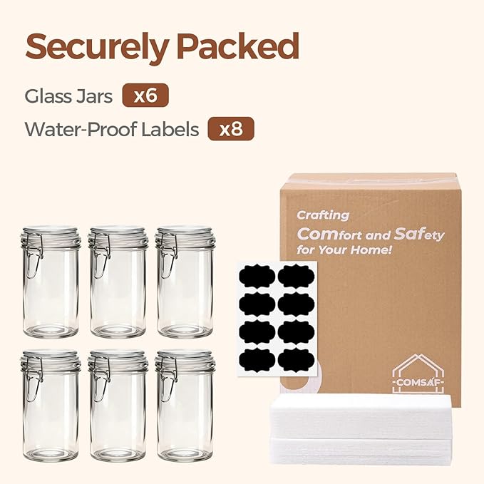 ComSaf Glass Jars with Airtight Lid Set of 6，Mason Jars 17 oz with Lids, Pint Jar, Canning Jar, Airtight Canister with Seal Wire Clip Fastening for Vanilla, Pickle, Cookie, Honey