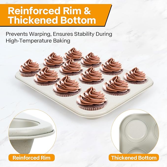 2-Pack Healthy Baking Cupcake Pan| Non Stick 12-Cup Muffin Pan | Durable & Easy Clean Muffin Tin | Perfect for Cupcakes, Muffins (Beige)