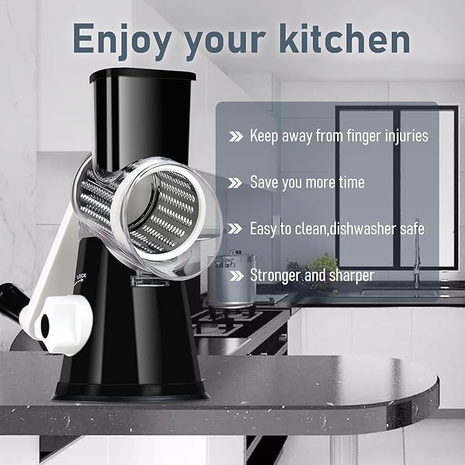 KEOUKE Rotary Cheese Grater Hand Crank Black - Shredder Slicer Grinder 3 Stainless Steel Blades, Stable Suction, Labor-Saving Handle, Safe Kitchen Tool for Cheese, Vegetable, Nuts, Chocolate