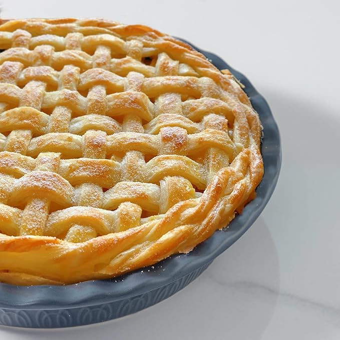 Fun Elements Ceramic Pie Pan, 9 Inch Pie Dish for Baking, Ruffled Pie Plate, Non-Stick Deep Dish Pie Pan for Apple Pie and Pot Pie, Set of 2, Blue