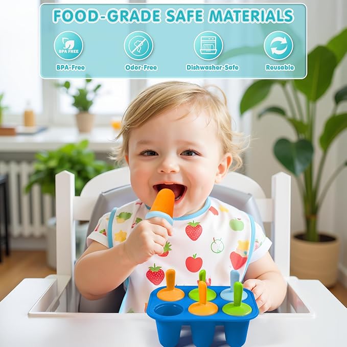 Miaowoof Silicone Popsicles Molds for Toddlers, 6-Cavity Non-BPA Premium Silicone Small Popsicle Molds, Ice Pop Mold with 6 Colorful Reusable Sticks for Kids (Blue)