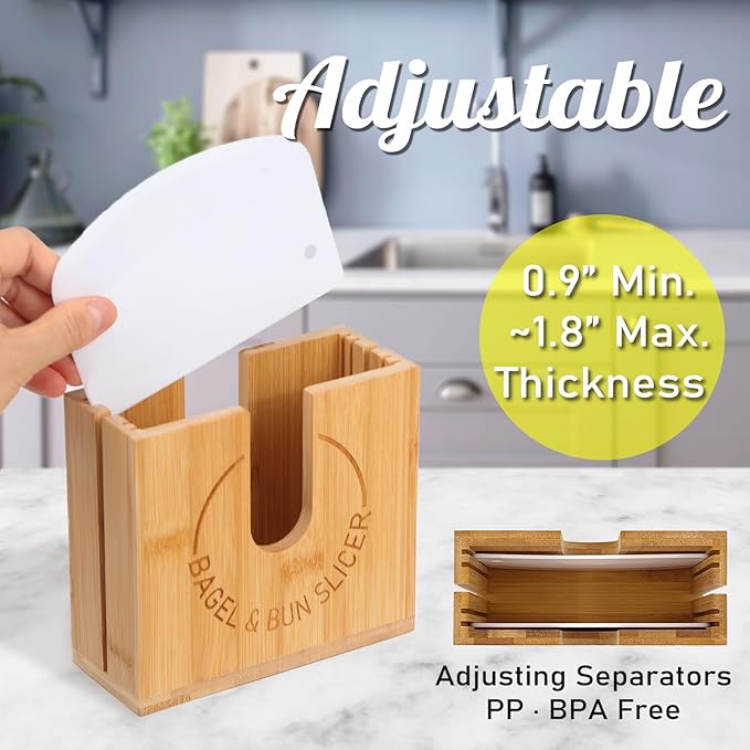 Adjustable Bagel Slicer Holder | Bamboo Bagel Cutting Holder with Width Adjustable Slots for Small & Large Bagels, Buns & English Muffins, Knife Groove for Long Bread Knife + Non-Slip Base