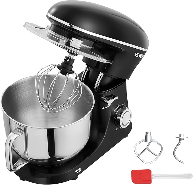 VEVOR Stand Mixer, 6 QT Dough Mixer, 660W 6 + P Speeds Tilt-head Food Mixer with Stainless Steel Bowl, Dough Hook, Wire Whip, Flat Beater, Scraper,Household Stand Mixer for Baking & Mixing, Black