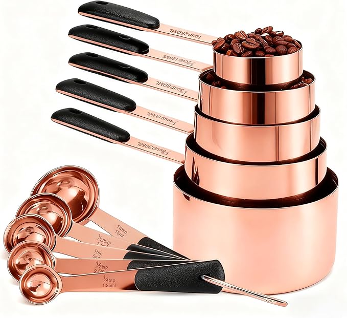 Measuring Cups and Spoons Set, Rose Gold Plated Stainless Steel 10 Piece for Cooking and Baking (5 Cups + 5 Spoons)