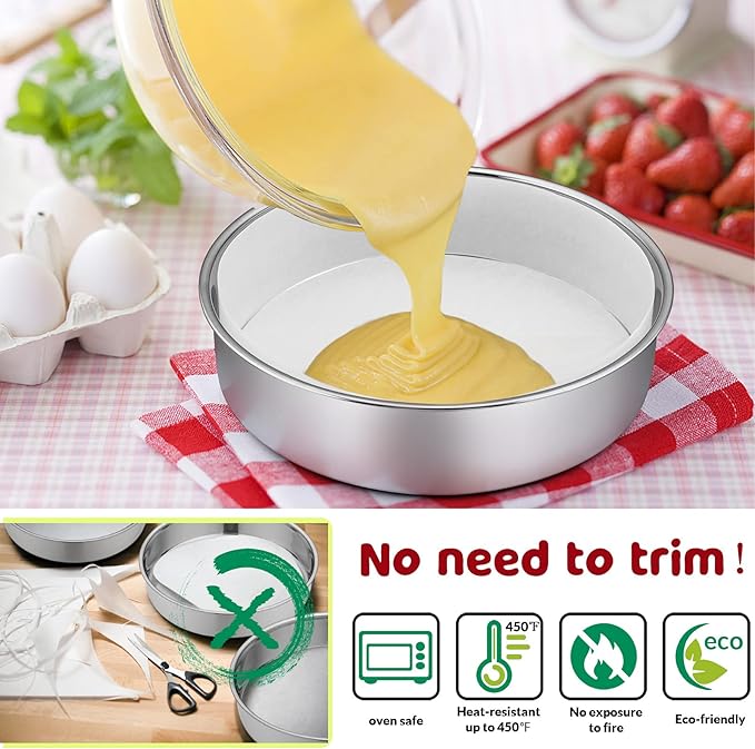 6 Inch Cake Pan Set of 3, E-Far Stainless Steel Round Layer Smash Cake Baking Pans with Parchment Rounds & Side Liner Roll, Non-Toxic & Healthy Metal Cakes Tin, Straight Side & Dishwasher Safe