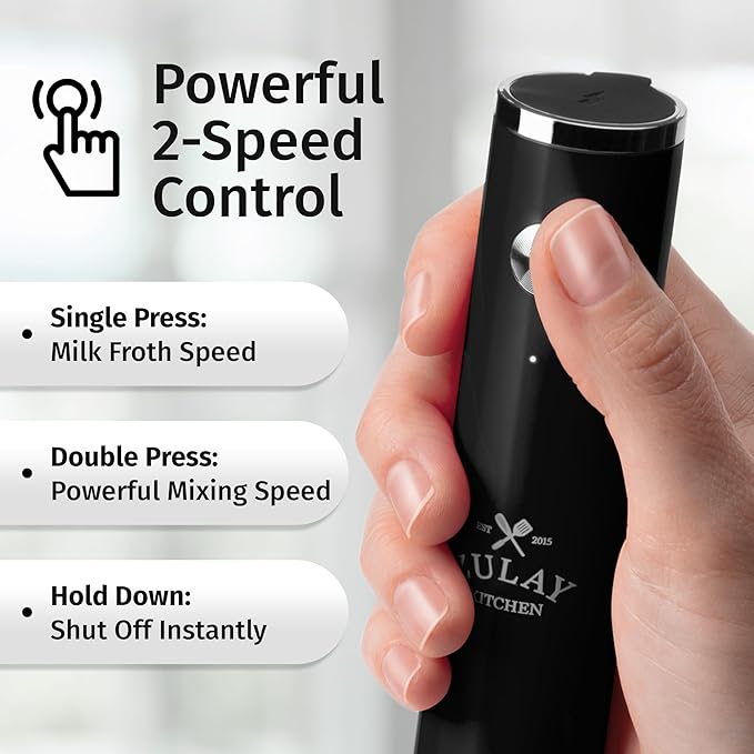 Zulay Kitchen Lux Electric Milk Frother Rechargeable Handheld - Powerful 2-Speed Motor, Waterproof, 2000mAh Battery - Lux Coffee Frother for Protein Powder, Drink Mixer Wand & Matcha Mixer