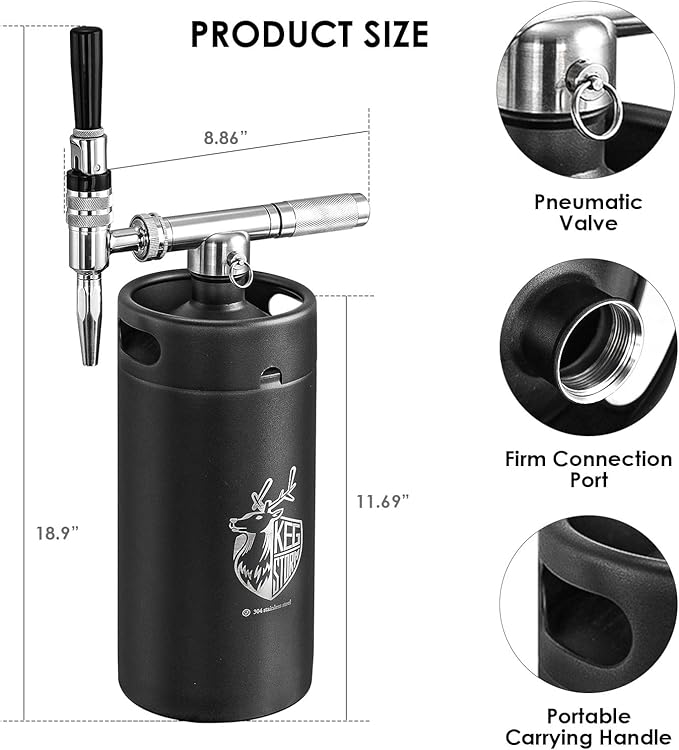 Nitro Cold Brew Coffee Maker, 128 oz Extra Large Home Keg, Stainless Steel Tap System, Matte Black Mini Keg