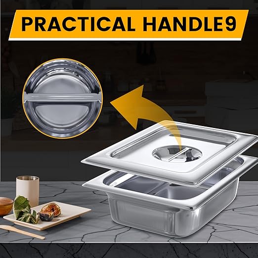 Hotel Pan Lids 6 Pack– Fits 1/4 Size Stainless Steel Steam Table Pans, Anti-Jam Food Pan Cover for Catering, Buffet Use, Kitchen Prep, Dishwasher Safe