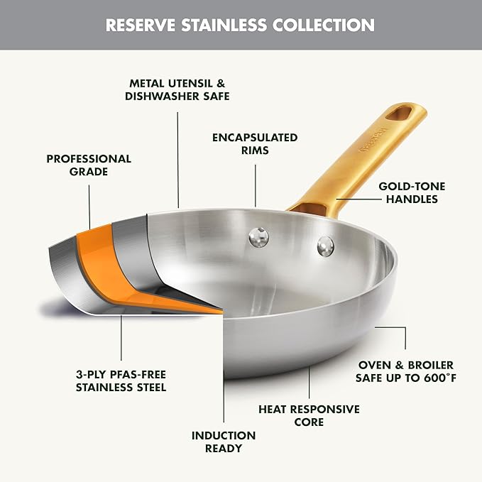 GreenPan Stainless Steel Tri-Ply Reserve 10 Piece Cookware Pots and Pans Set, Multiclad, PFAS-Free, Induction, Oven & Broiler Safe to 600°F, Heat Responsive Core, Dishwasher Safe, Glass Lids