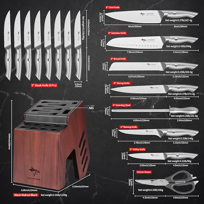 MAD SHARK Knife Set for Kitchen with Block, 17pc Cutlery Set, Built-in Sharpener, German Stainless Steel, Non-slip Ergonomic Handle, Dishwasher Safe