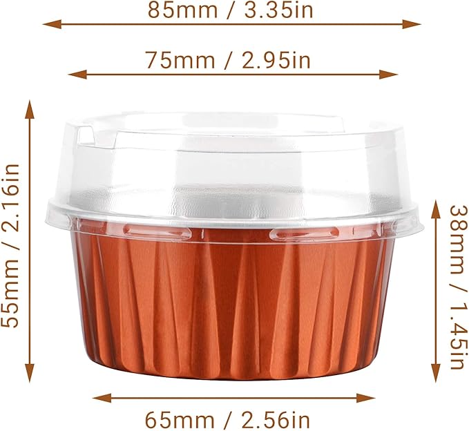 EUSOAR Aluminum Foil Cups, 5oz 50pcs muffin Baking Cups with Lids, 3.34"x2.59"x2.35" 125ml Snacks Desserts Flan, Cupcake Pie Ramekin, Recyclable Catering Party Favor Baking Cups-Caramel