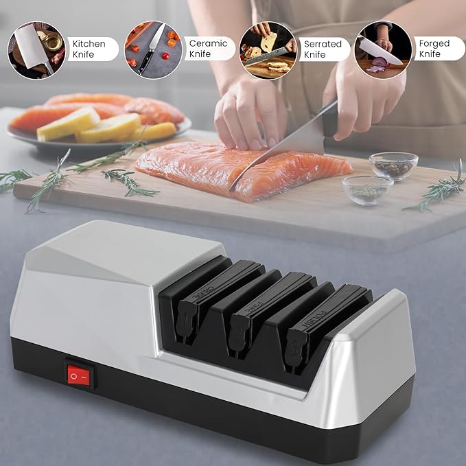 Knife Electric Sharpener for Kitchen, Bread, Serrated & Japanese-style Knife, 3 Stages Precision Angle Guides Sharpener, 100% Diamond Abrasives