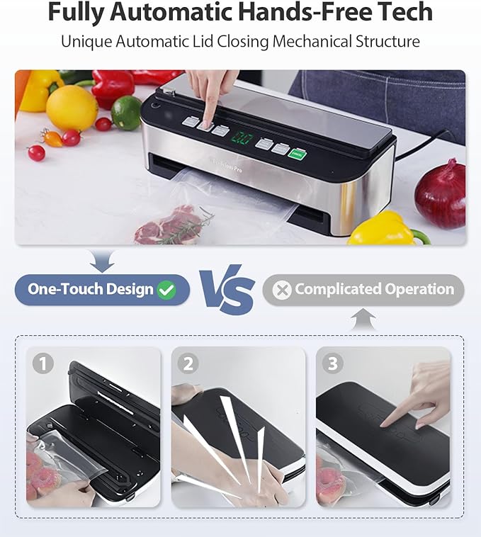 PressFree TRUE-Auto Vacuum Sealer Machine, Beelicious Pro 85KPA Fully Automatic 8-IN-1 Food Sealer with Bags Storage, Build-in Cutter, Moist Mode and Air Suction Hose |Sous Vide | Digital Countdown
