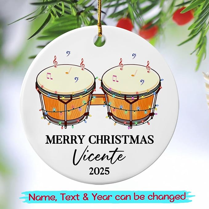 Awesome Bongo Drum Ceramic Ornament Gift for Women Men Dad Mom Brother Sister, Customized Text Year Name Instrument Player Christmas Ornament 2025, Personalized Bongo Drum Ceramic Christmas Ornaments