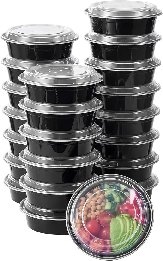 24 oz 150 ct Round Meal Prep Food Storage Containers with Lids To Go Plastic Lunch Plan Box Disposable Take Out Bowls Black BPA Free Durable Stackable Microwave Freezer Safe (Formerly FULING)