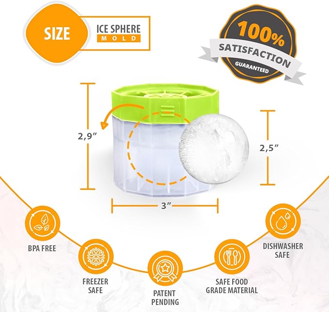 PREMIUM Ice Ball Molds, Round 2.5 Inch Ice Spheres. Stackable Slow Melting Round Ice Cube Maker for Whiskey and Bourbon (6, Multi)