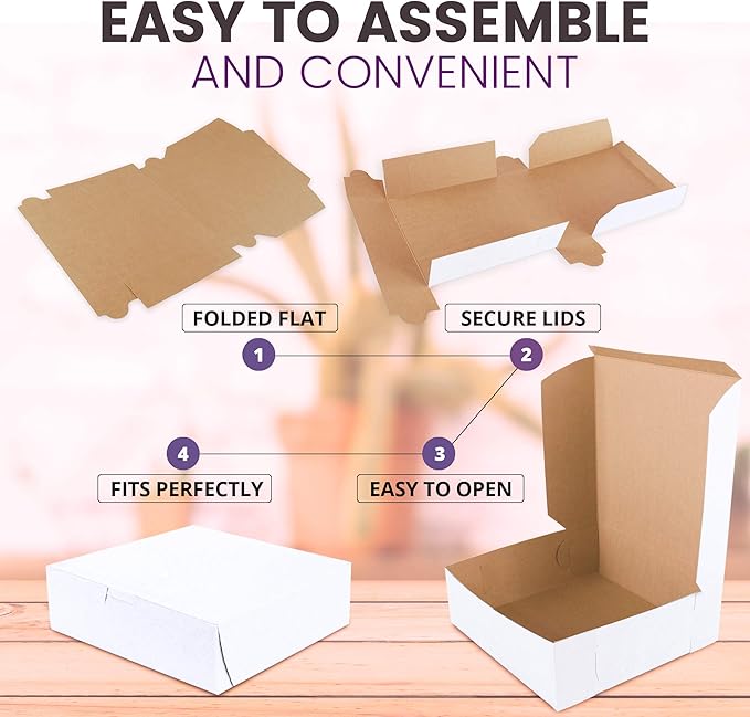 Fit Meal Prep [25 Pack] Pastry Boxes 9x9x3 White Bakery Box for Cookies, Compostable Kraft Paper Cardboard for Baked Goods Packaging, Cake, Food, Donut, Cupcake, Candy, Bread, Bridesmaid Gift Box