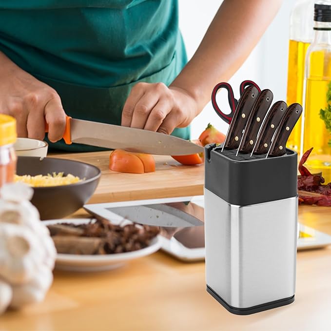 Universal Knife Block, Stainless Steel Knife Holder without Knife Including Sharpening Edges and Scissor Sockets Multifunctional Knife Holder Knife Block Holder